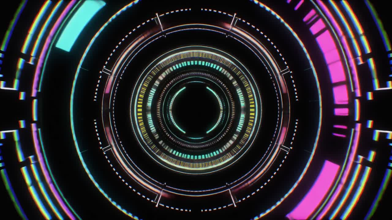Loop continuo di tunnel digitale astratto con anelli al neon