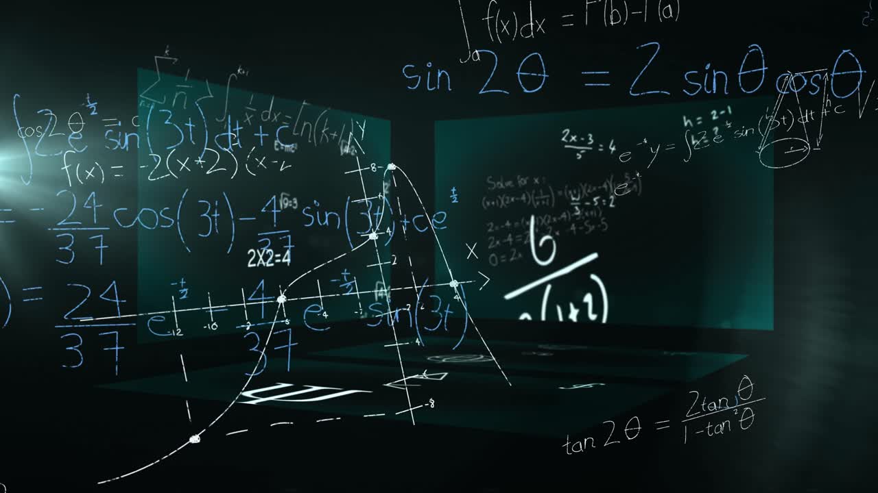 Animation of data processing and mathematical equations over screens