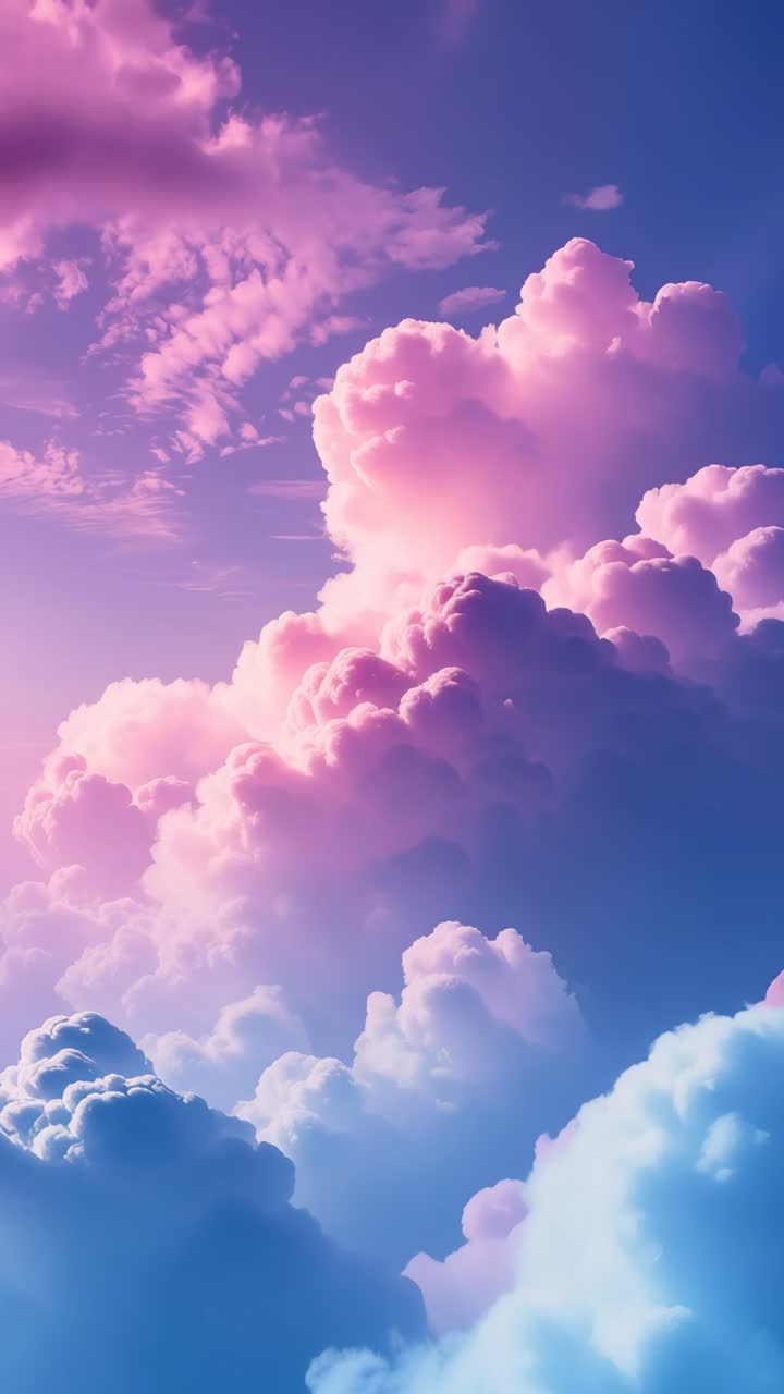 A dreamy, pastel-colored sky with fluffy clouds, captured from a low-angle, creating a serene