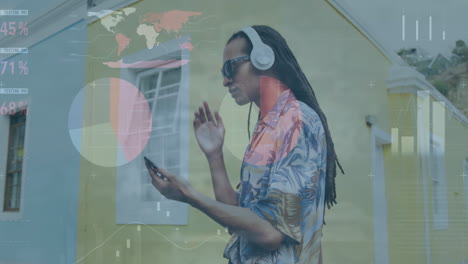 animazione dell'elaborazione dei dati finanziari su un uomo bi-razziale che utilizza uno smartphone