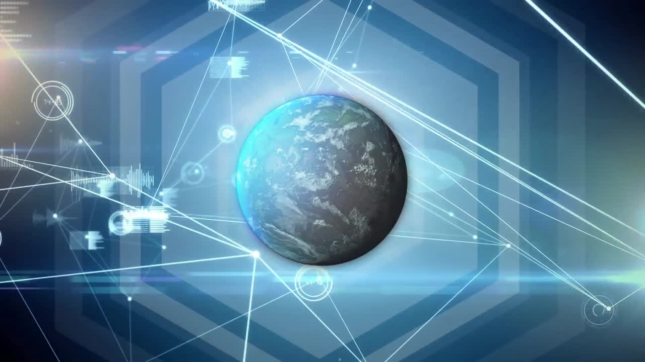 파란색 배경에 연결된 네트워크를 통해 지구의 애니메이션.
