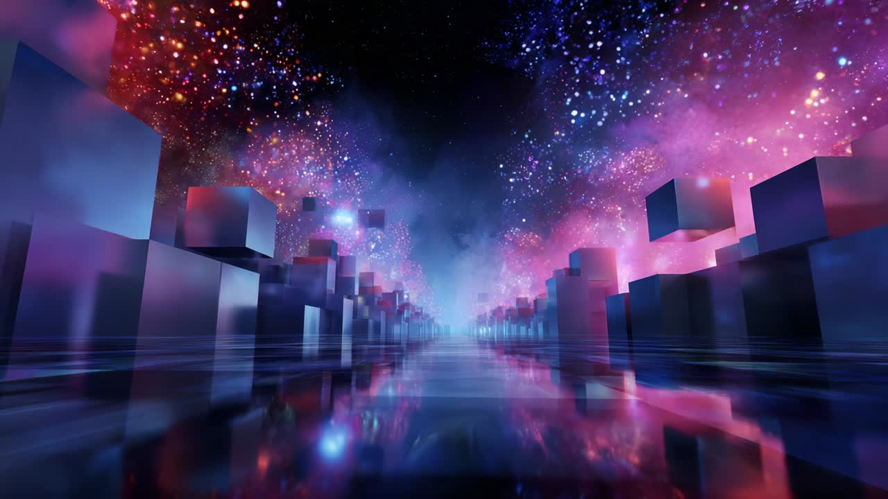 A Futuristic Journey Through a Cosmic Landscape of Colorful Cubes and Stars, Highlighting the Beauty of a Digital Universe with Reflections and a Dreamlike Atmosphere