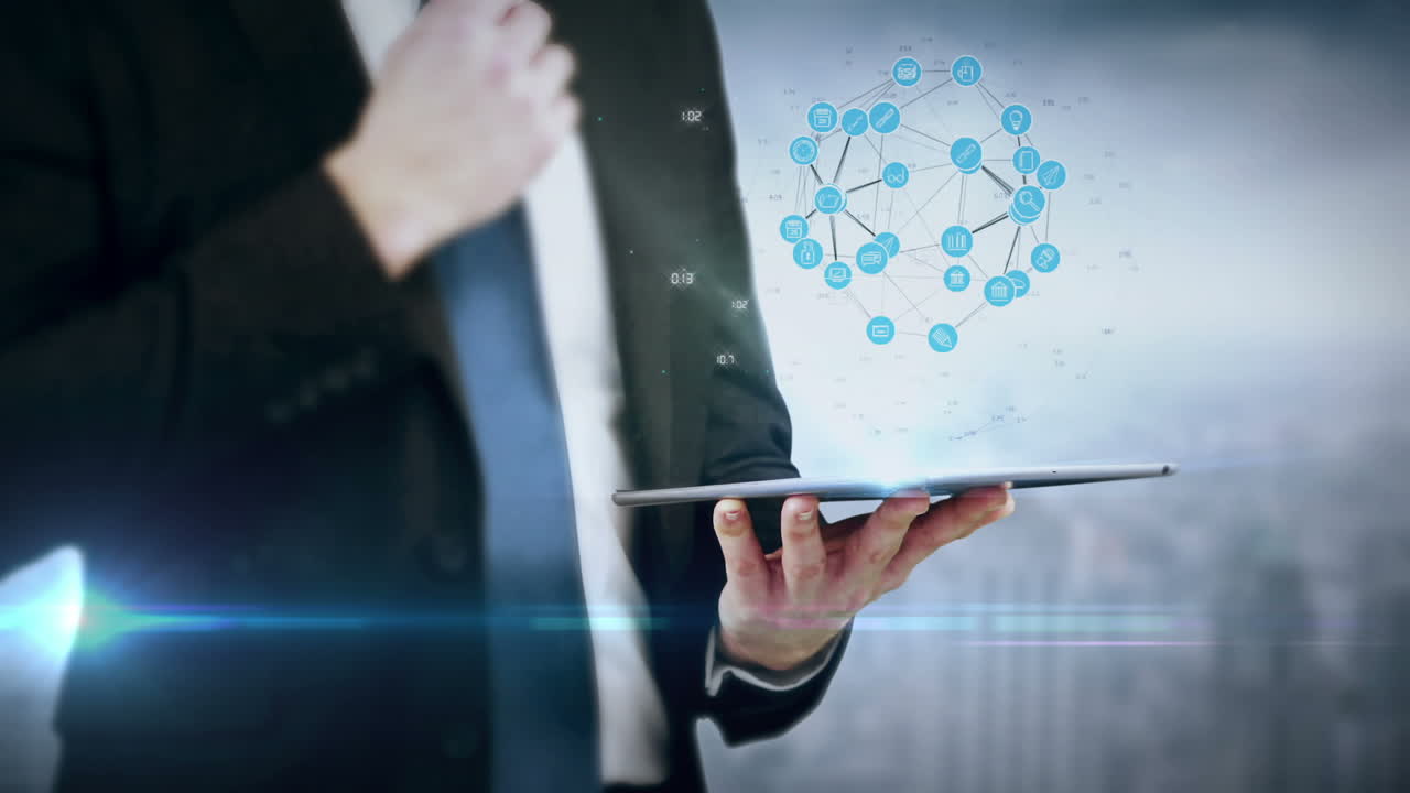 디지털 애니메이션을 가진 태블릿을 사용하는 사업가