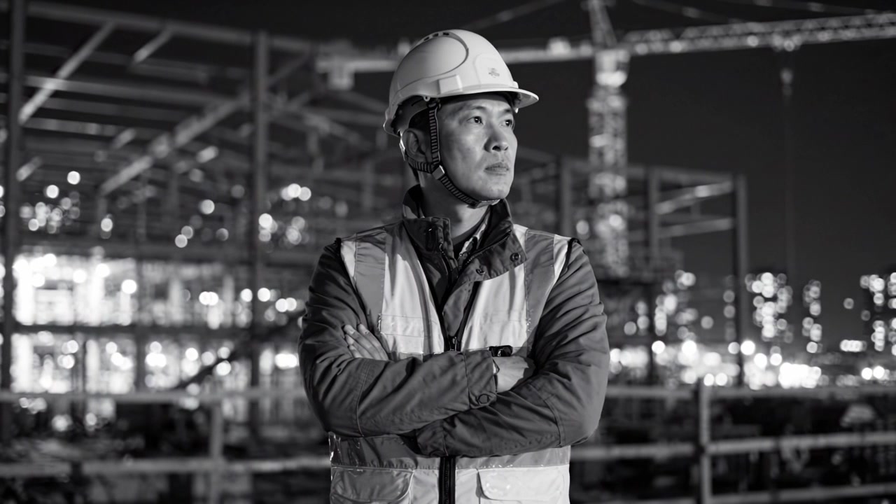 Determined construction worker overseeing a site at night, wearing safety gear, showcasing leadership qualities amidst a backdrop of illuminated skyscrapers.