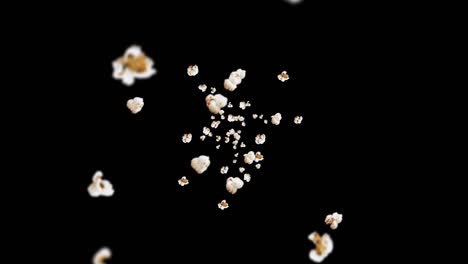 flying many popcorns on black background. white salty popcorn. healthy food. corn seed. 3d loop animation of popcorn rotating.