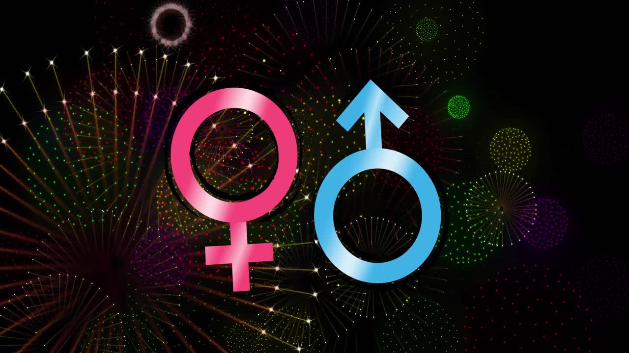 animación de símbolos masculinos y femeninos y fuegos artificiales explotando sobre un fondo negro.
