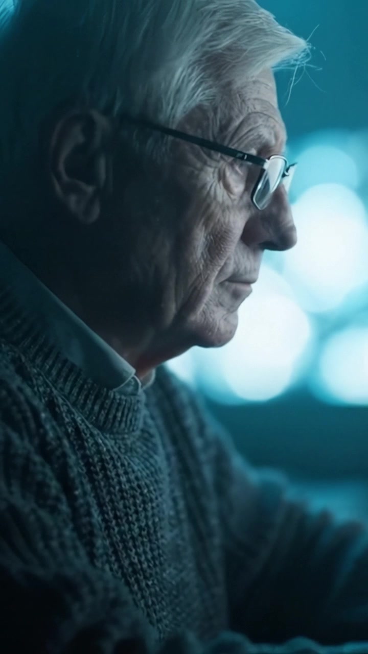 An elderly man deep in thought, pondering life's mysteries against a calming blue backdrop, showcasing wisdom and introspection through his contemplative expression.