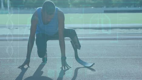 animation of data on digital screen over african american man with running blade stretching