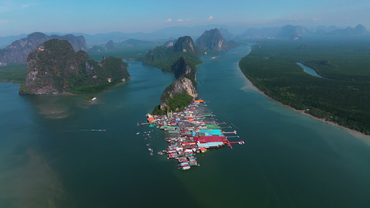 Secluded Floating Village At Ko Panyi In Phang Nga National Park, Thailand. Aerial Wide Shot