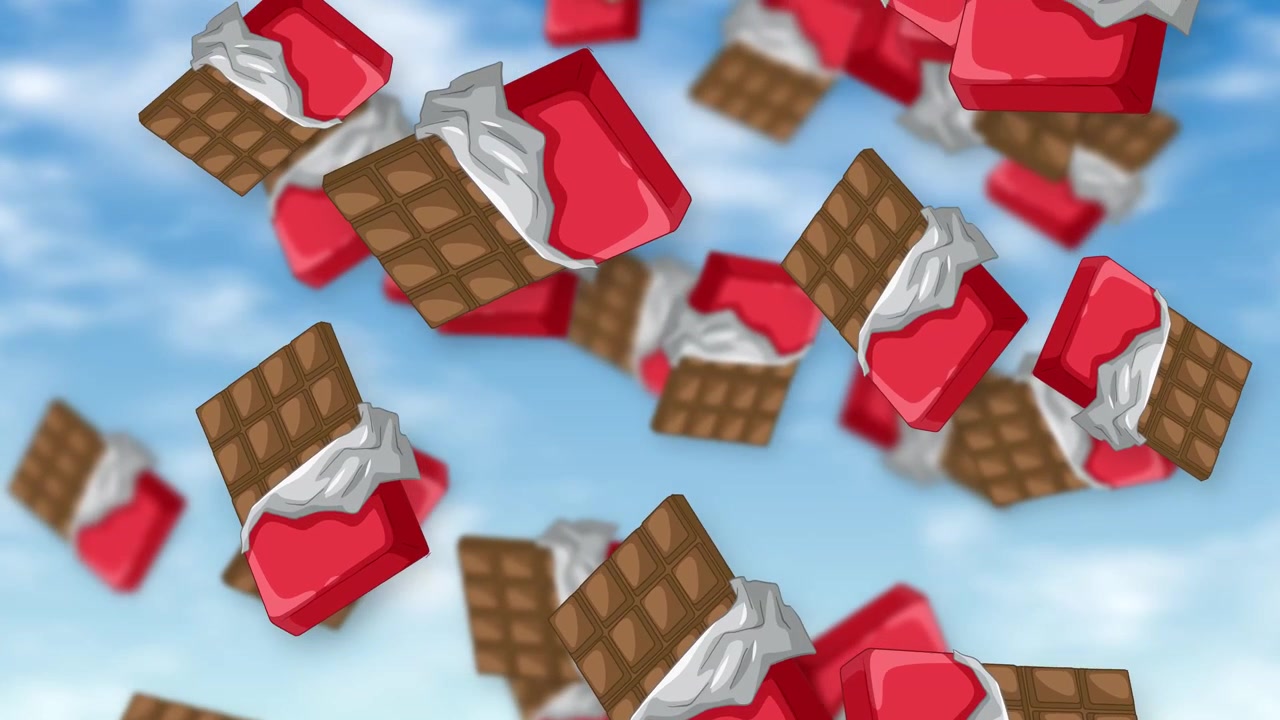 Barrette di cioccolato stilizzate in incarti di alluminio rosso cadono continuamente attraverso un cielo nuvoloso di un blu brillante