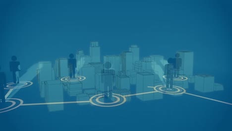 animation of networks of connections with people icons over 3d cityscape on blue background