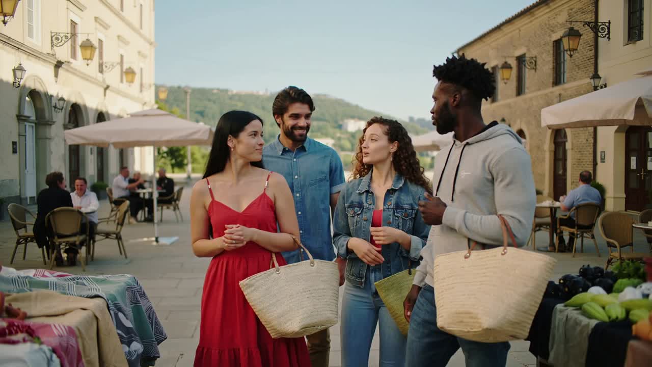 Cuatro amigos paseando con cestas de la compra, mirando puestos de mercado iluminados por el sol, mujer de rojo estirándose