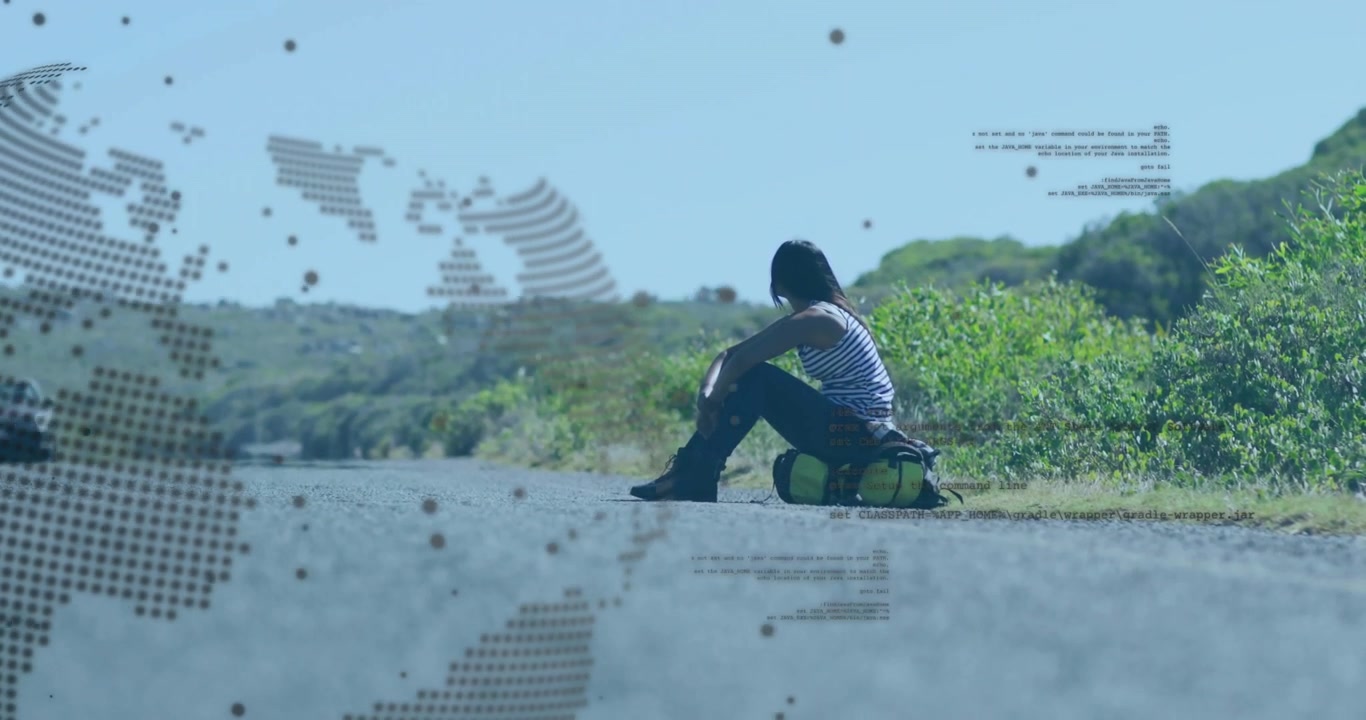 Technology globe overlay sliding aside showing woman sitting roadside and watching vehicle approach
