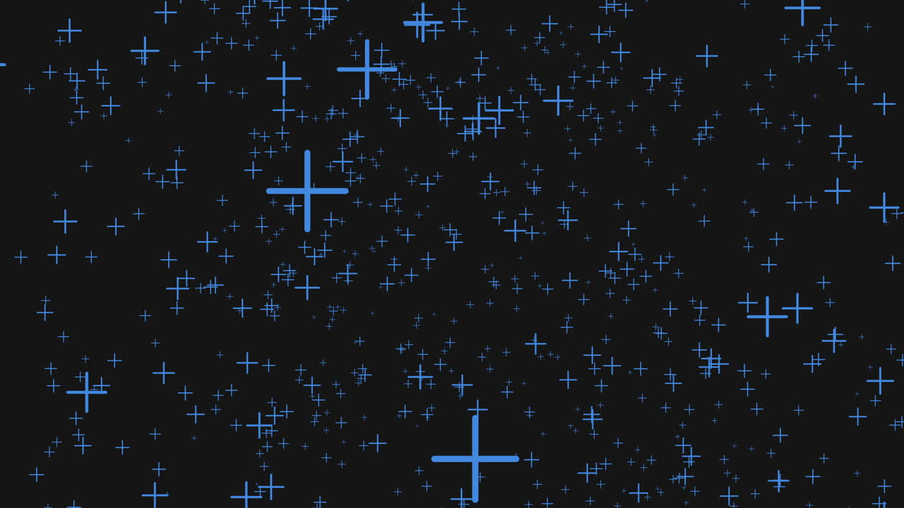 Abstract blue sparkling cross stars on black background, seamless space footage