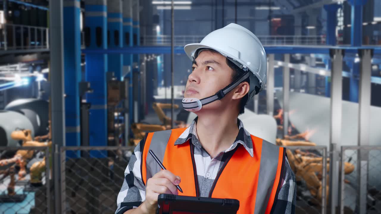 안전 헬을 입은 아시아 남성 엔지니어가 풍력 터빈 제조 공장에서 서서 태블릿에 메모를 취하고 로 팔이 작동하는 동안 주위를 둘러보고 있습니다.