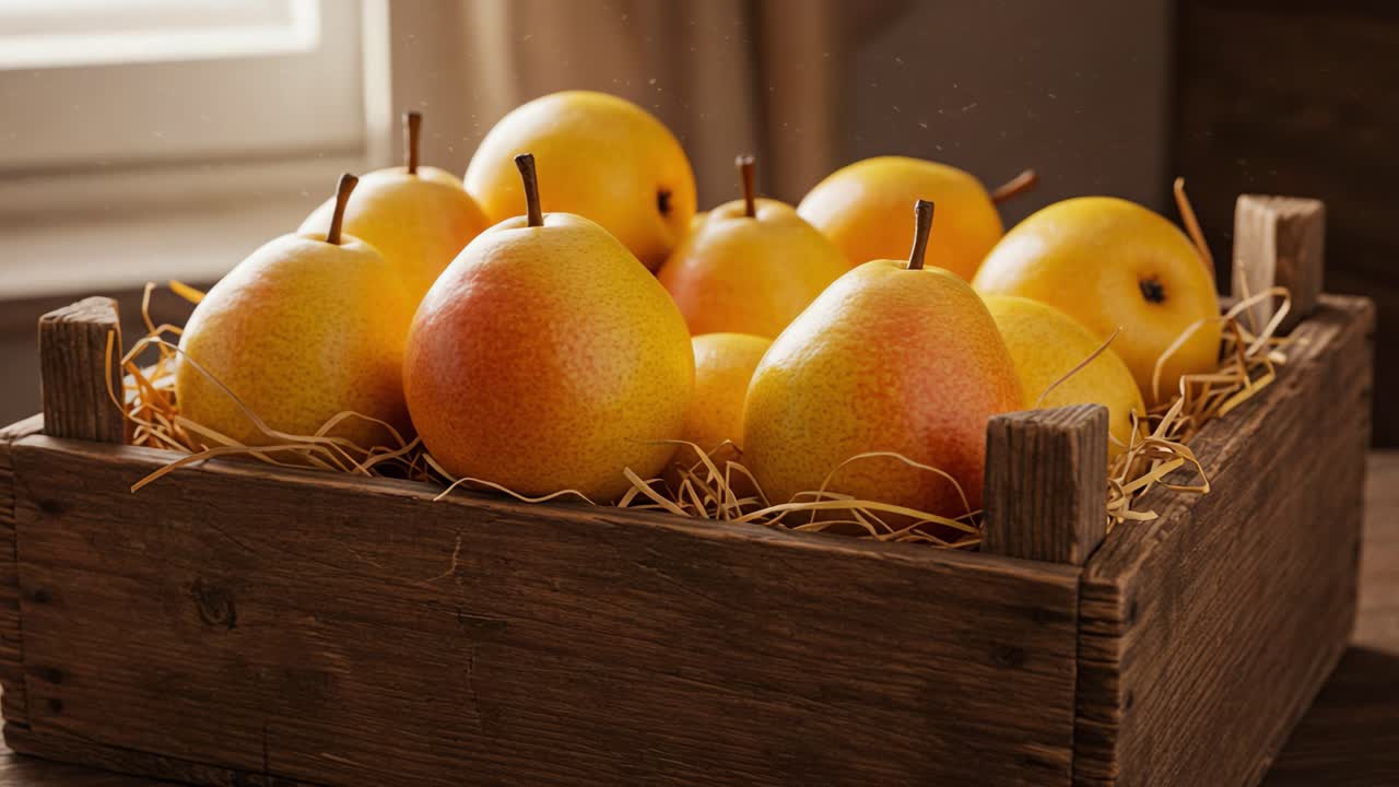 A Beautiful Arrangement of Fresh, Juicy Pears Nestled in a Rustic Wooden Crate Surrounded by Straw, Perfectly Capturing Freshness and Natural Simplicity