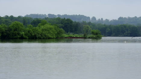 a view of a lake and the shoreline on a cloudy day