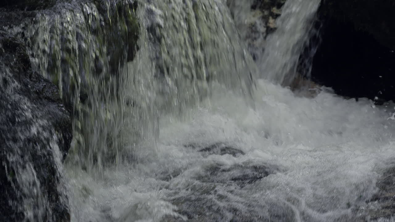 Slow motion shot of falling waterfall down the mountains in mossy forest,tilt up shot