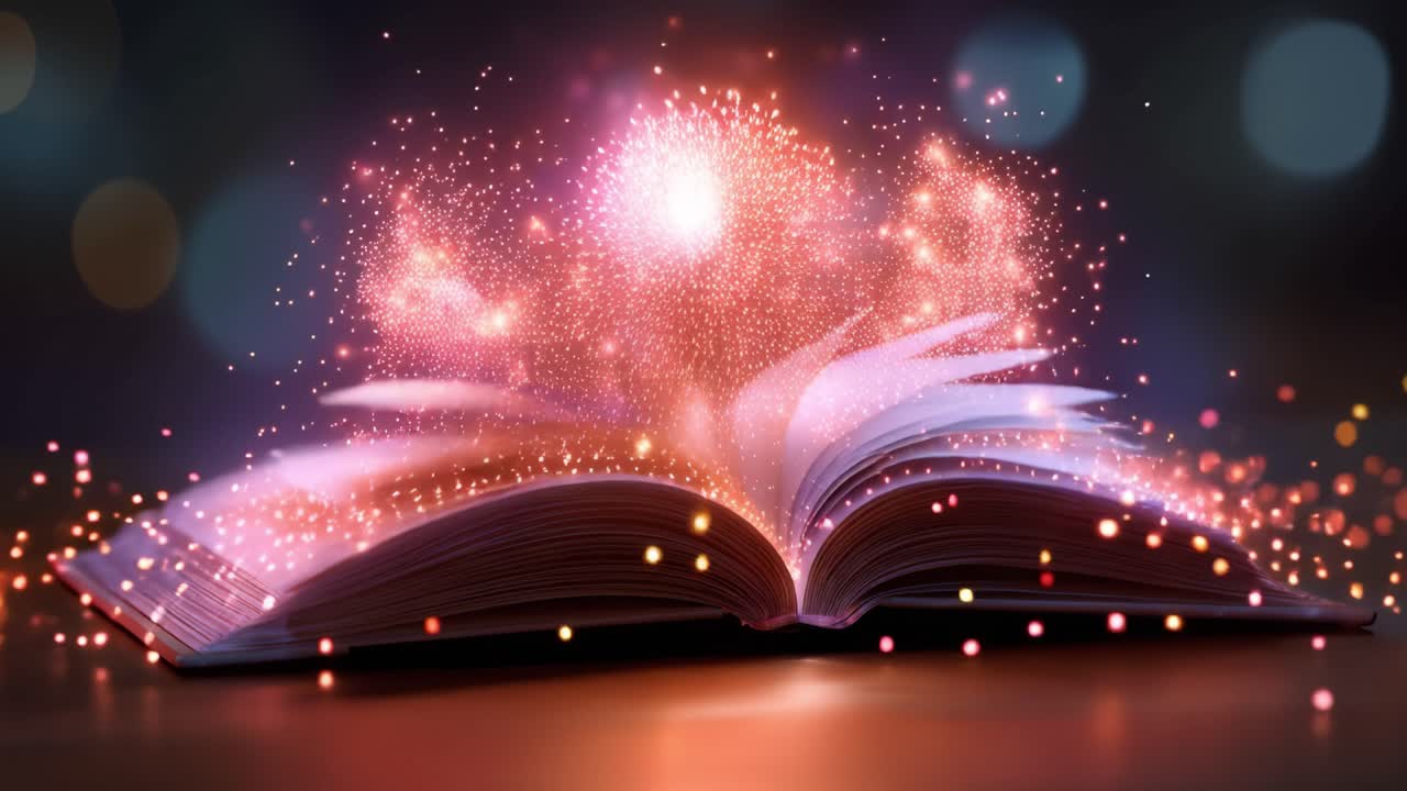 Un libro magico si apre, rilasciando particelle luminose. Polvere scintillante vortica verso l'alto con tonalità calde. Un morbido sfondo bokeh esalta un'atmosfera sognante. Ideale per fantasy, narrazione o temi mistici