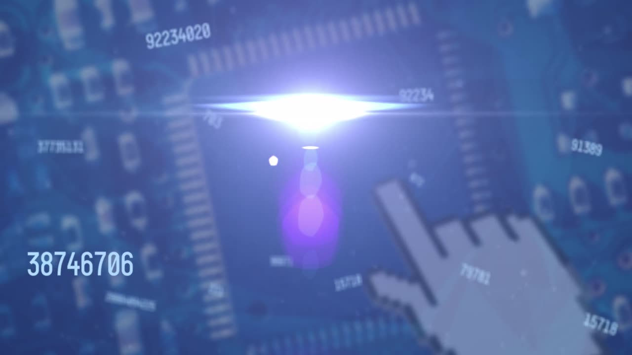 데이터 처리 및 컴퓨팅 보드 위의 빛 점의 애니메이션