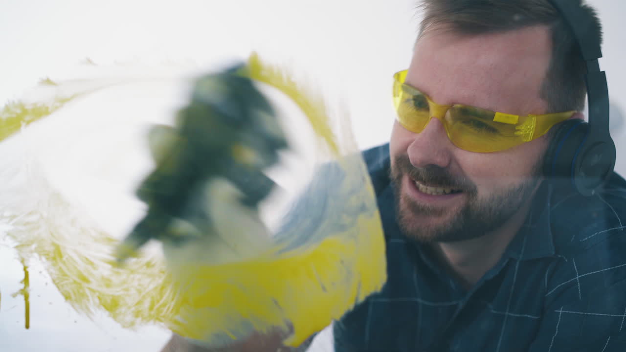 el constructor quita la pintura amarilla del vidrio en una habitación vacía