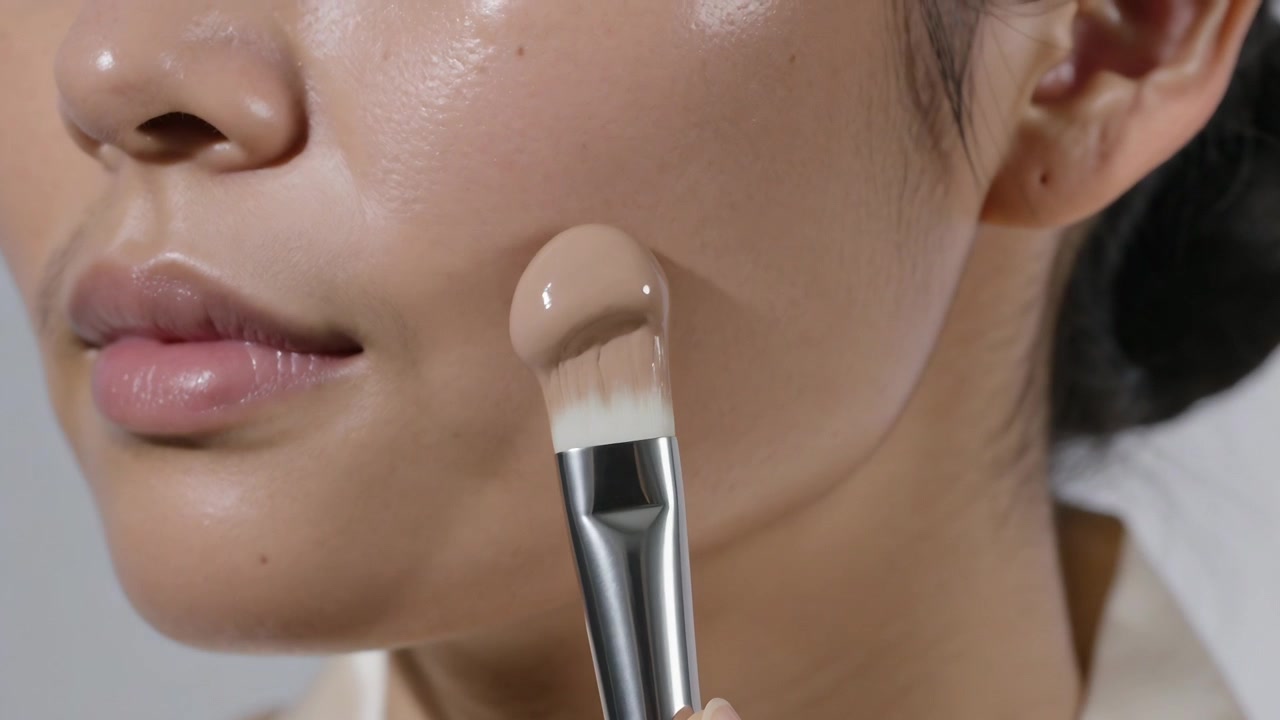 Approaching brush placing foundation on model cheek in studio blending for even coverage collar