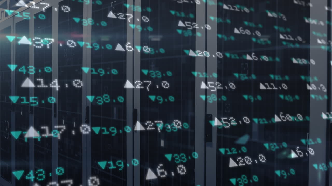 animación del procesamiento de datos financieros a través de servidores informáticos