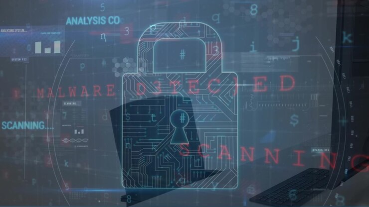 Animation of digital padlock with integrated circuit, warning and scanning over computers in office