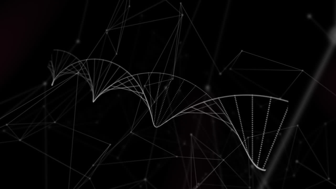 Digital animation of dna structure spinning against network of connections on black background
