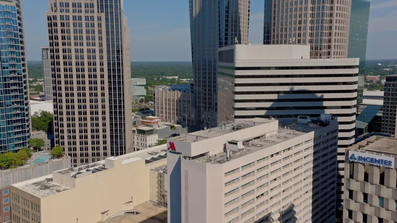 Uptown Charlotte city center with commercial office skyline buildings, Drone