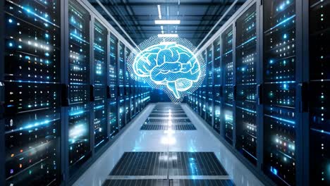 a computer server room with a brain symbol on the wall. the room is filled with rows of servers and the brain symbol is glowing. scene is futuristic and technological