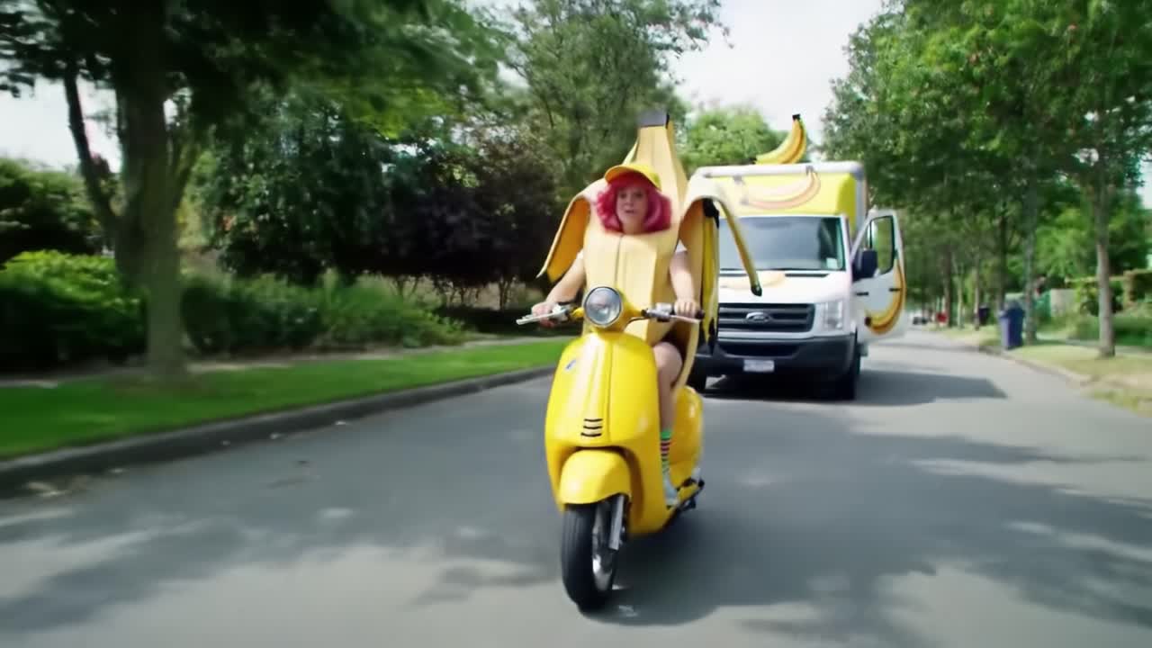 A person dressed in a vibrant banana suit rides a bright yellow scooter through a peaceful suburban neighborhood. A banana-themed vehicle trails closely behind, making for a fun and whimsical sight.