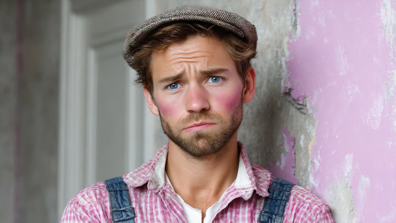A pensive young man with a thoughtful expression stands against a distressed wall, wearing a flat cap and vintage attire infused with a sense of melancholy and reflection