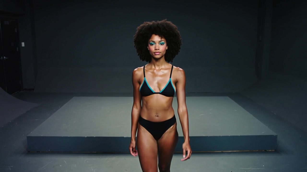 Stepping forward model descending stage, walking toward camera in studio modeling black swimwear