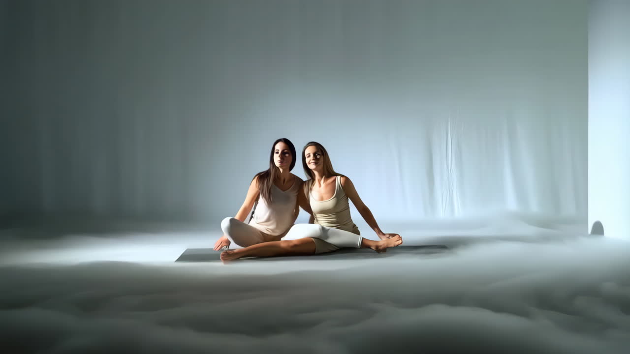 To kvinder udfører en synkroniseret partner yogastilling i et tåget studie