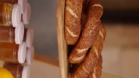 freshly baked simit and jars of breakfast preserves