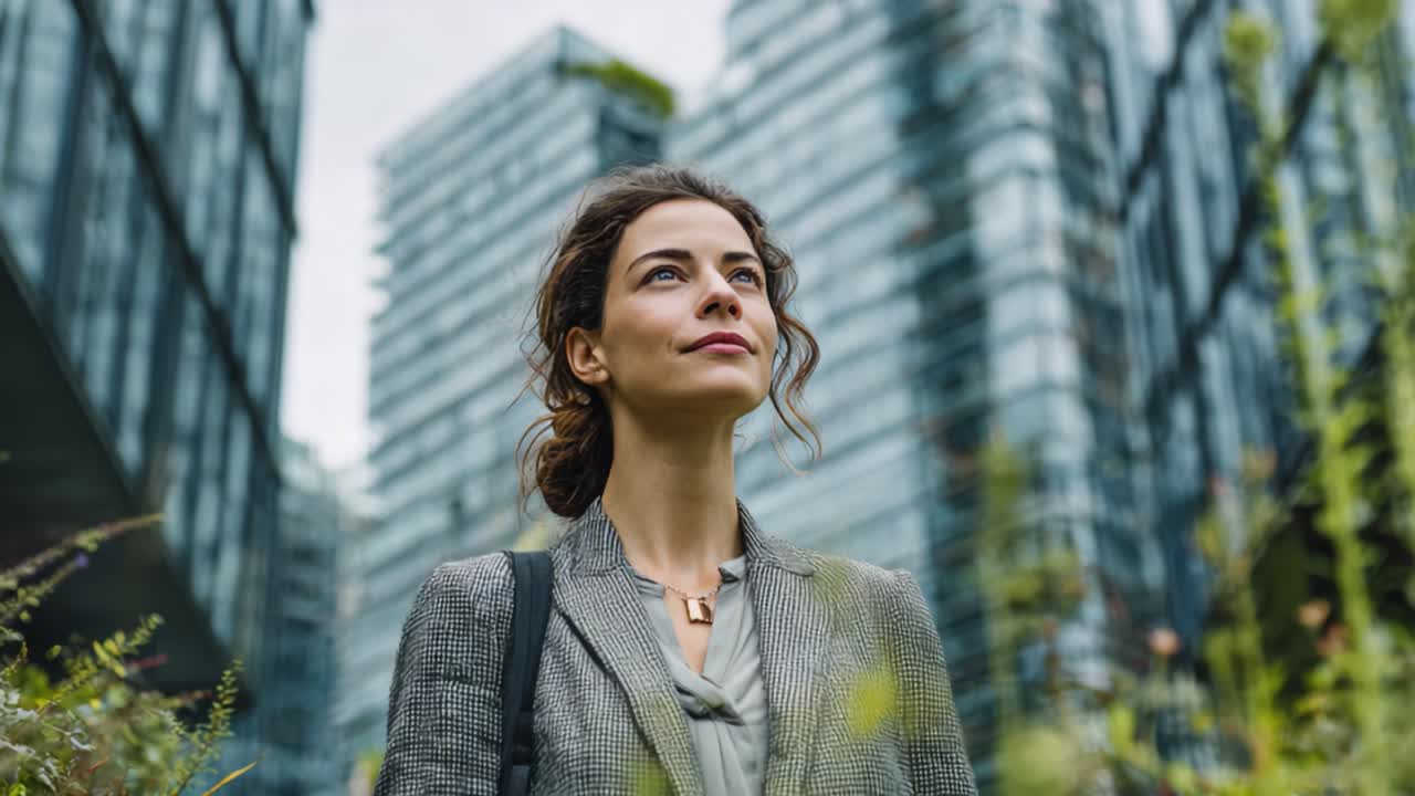 Uma Mulher Confiante em Traje de Negócios Destaca-se Orgulhosamente em Meio à Arquitetura Moderna, Irradiando Determinação e Ambição Contra um Fundo de Paisagem Urbana Contemporânea