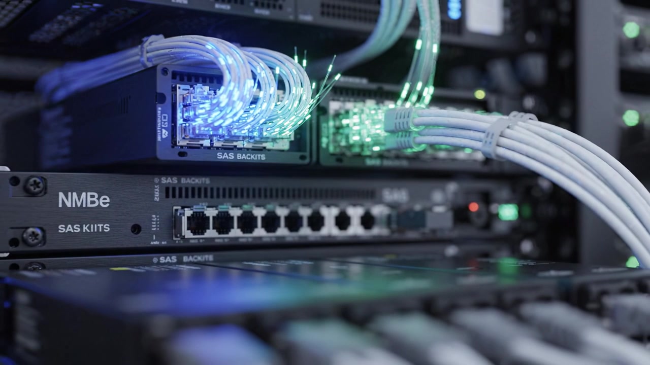 Advanced Networking Hardware in a Data Center Environment with Illuminated Cables Connecting to SAS Backplane for High-Speed Data Transfer Capabilities