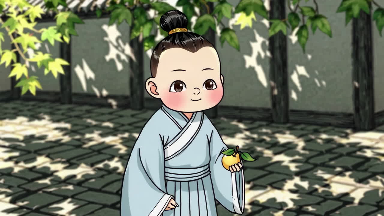 Cute Child in Traditional Chinese Clothing with Fruit