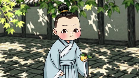 cute child in traditional chinese clothing with fruit