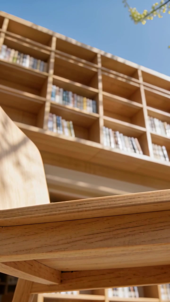 Video verticale: La telecamera si inclina, rivelando il bordo di un tavolo di legno e una sedia su un patio, con scaffali e il cielo sullo sfondo.