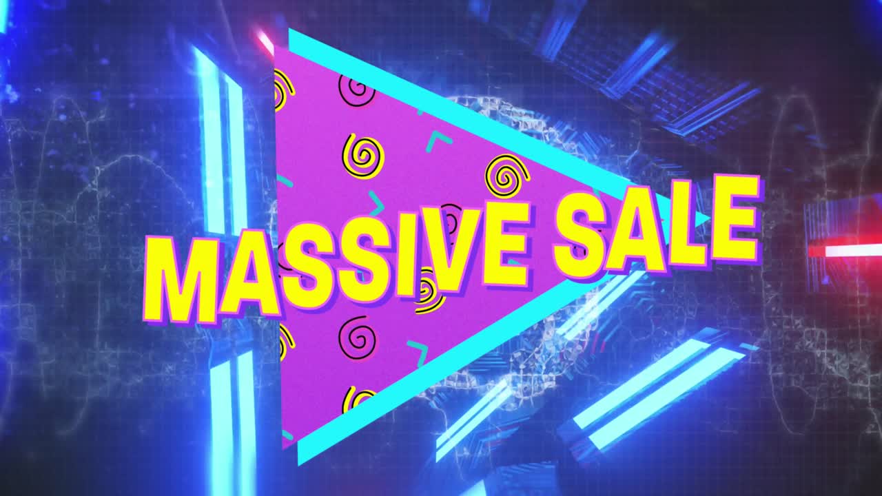 미래의 터널을 배경으로 삼각형과 나선형 패턴 위에 거대한 텍스트의 애니메이션