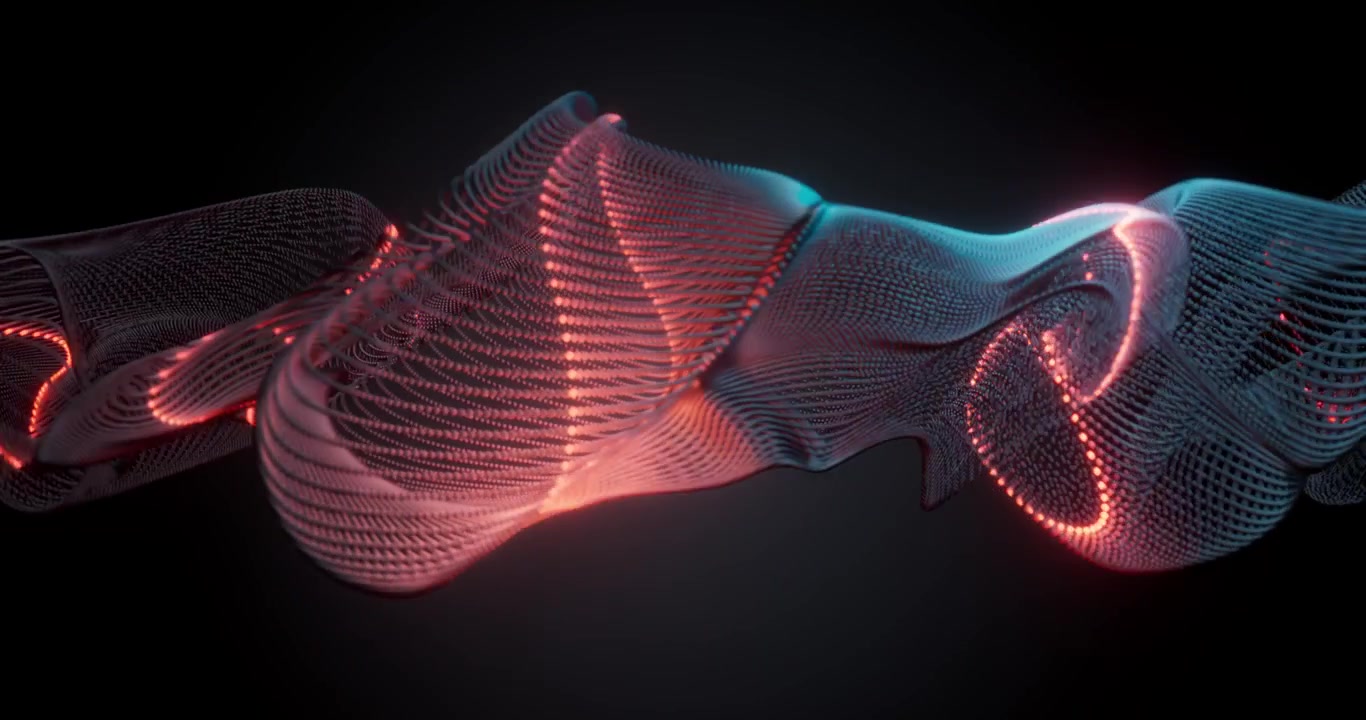 Vague de particules lumineuses abstraite avec des lumières néon orange et bleues
