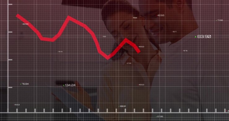 Animation of statistical data processing over diverse man and woman discussing over tablet at office