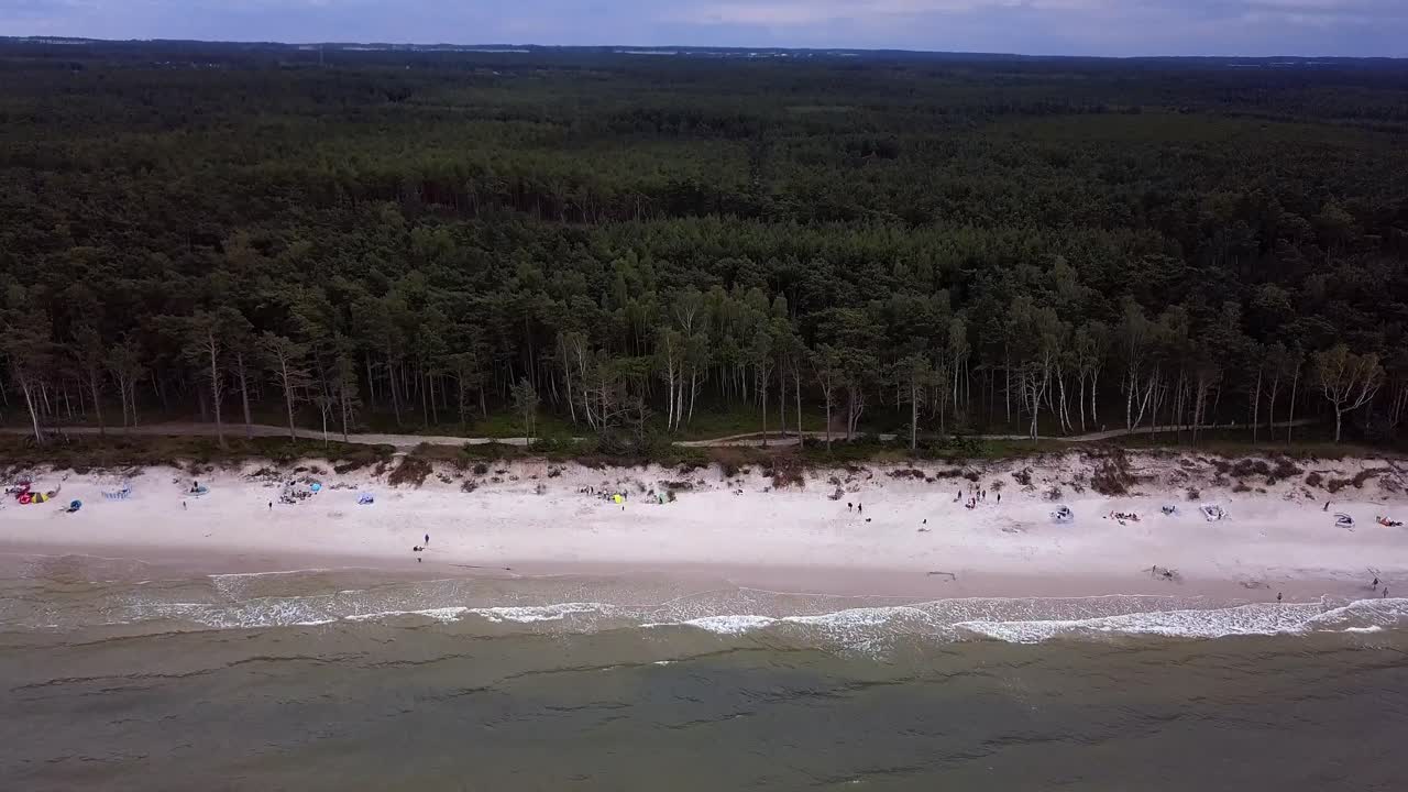 Baltic Sea Beach Aerial Shot. Beautiful Secluded Beach on Baltic Sea Coast. Cloudy Day. Lubiatowo, Pomerania, Poland