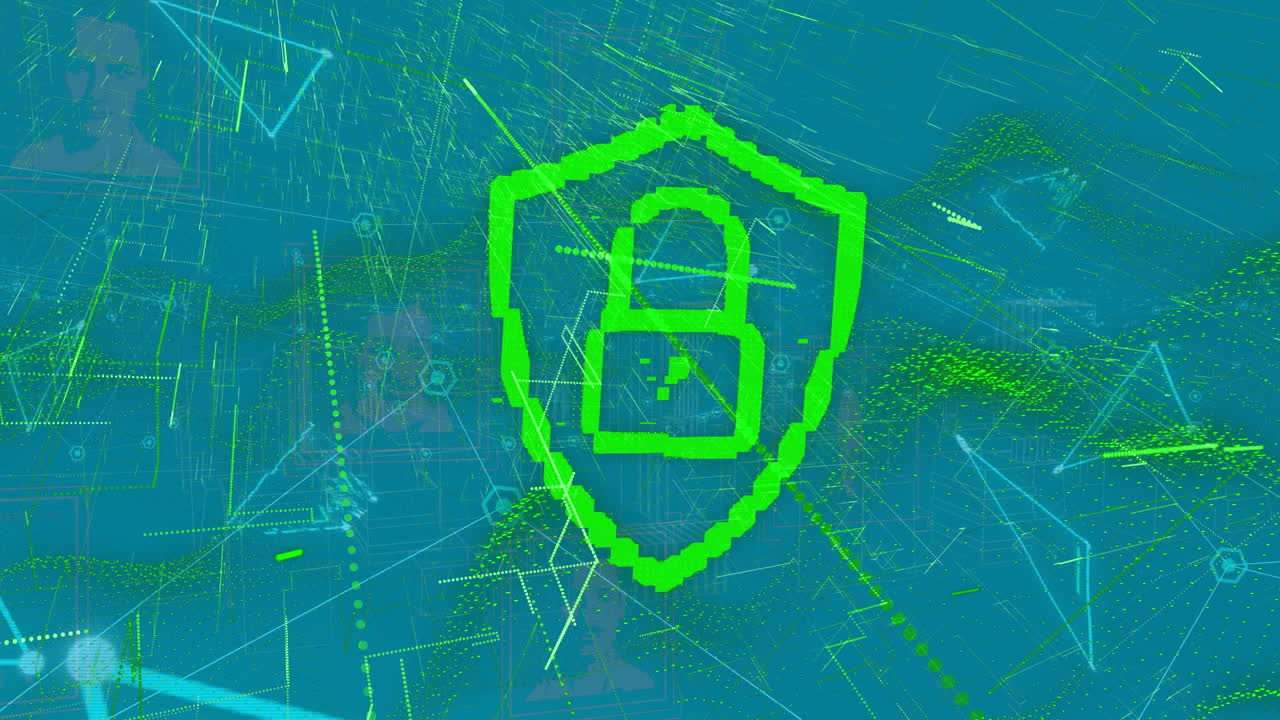 animación de candados digitales, formas y líneas sobre fondo azul