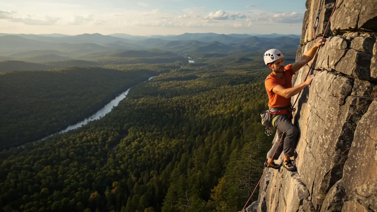 A Rock Climber Conquering a Vertical Face with Stunning Natural Landscapes in the Background, Showcasing Adventure and Outdoor Enthusiasm in Majestic Wilderness