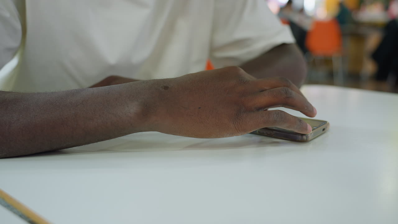 Close up of dark-skinned male hand interacting with smartphone on clean white table, indoor cafe setting, blurred background, casual mood, orange chairs, busy ambiance, focus on gesture