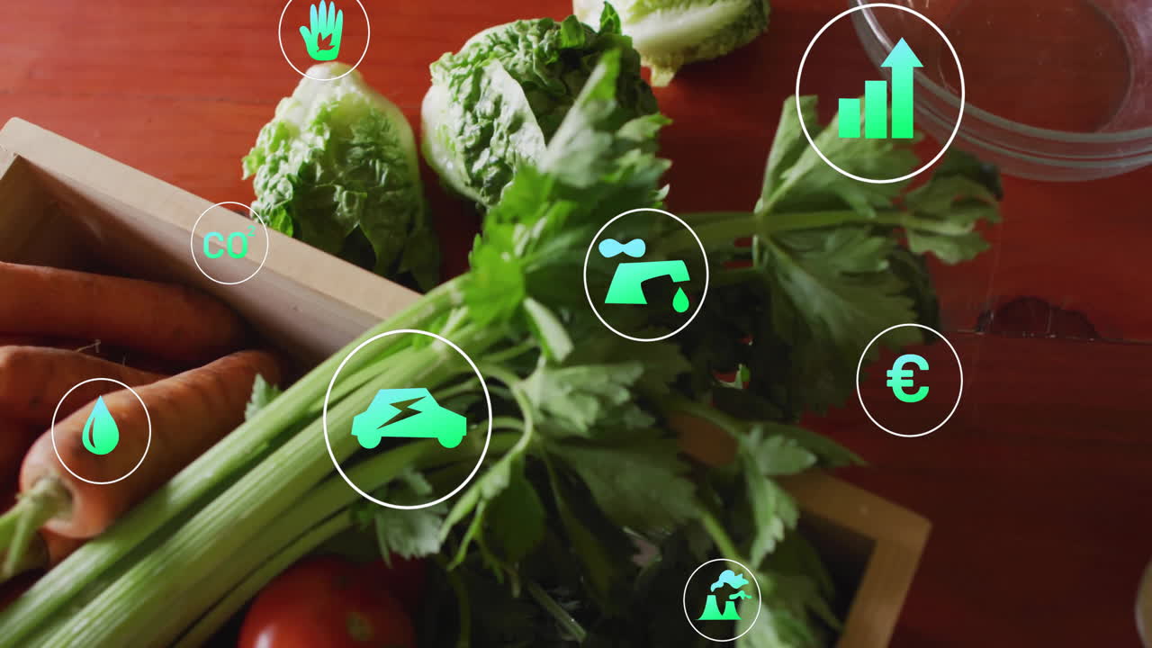 지속 가능성 및 환경 영향 애니메이션: 나무 테이블에 신선한 채소