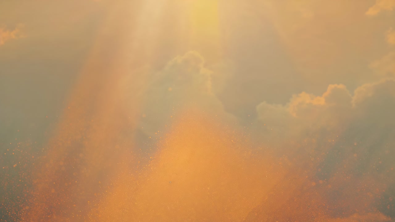 Breaking sunlight streaming, sunbeams converging on orange cloud at sunset, revealing particles